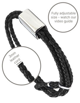 Men's Black Leather Bracelet With Silver Sliding Clasp, 5 of 7