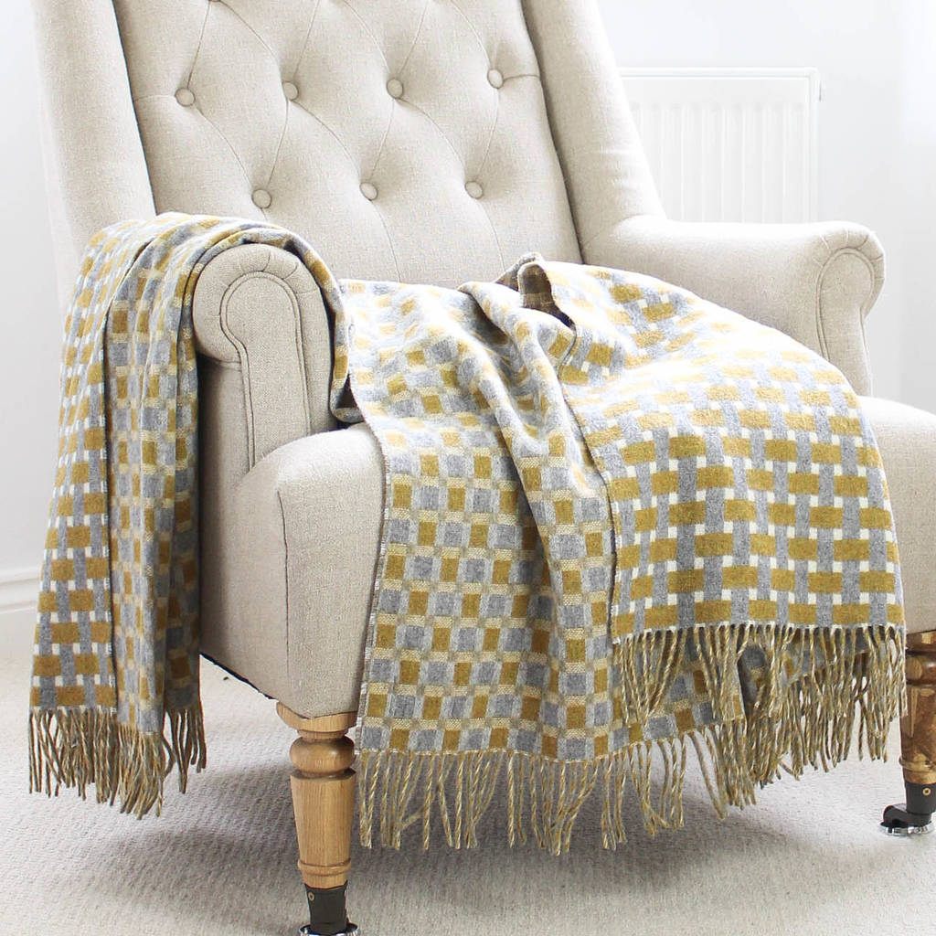 Mustard And Grey Basket Weave Wool Throw By Marquis & Dawe