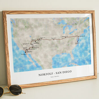 Personalised Watercolour Travel Map Framed For Any Trip Or Journey, 2 of 5