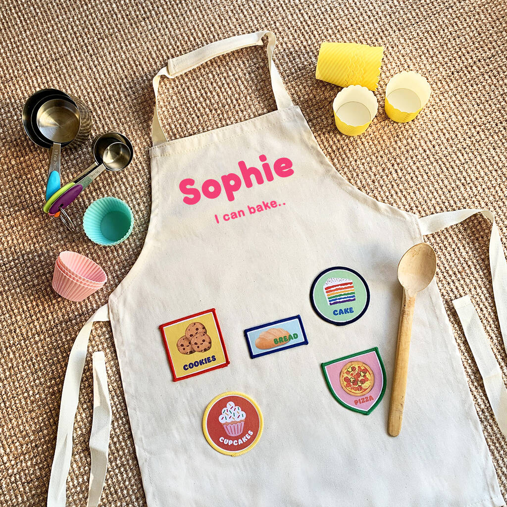 Personalised Kids Apron And Iron On Achievement Patches, 1 of 4