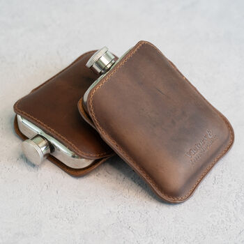 Brown Leather Cased Hip Flask 6oz In Silver / Copper, 5 of 10