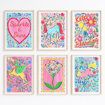 Unicorn And Floral Nursery Print Set – Set Of Nine Whimsical Wall Art Prints, 3 of 12