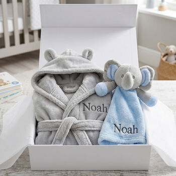 Personalised Grey Baby Gown And Blue Elephant Comforter Set, 4 of 12