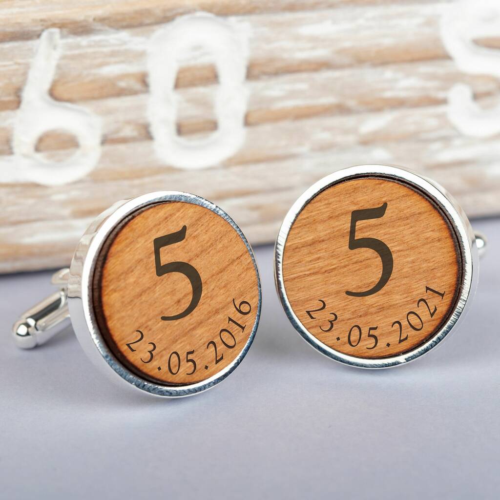 Image of Personalised Silver And Wood 5th Anniversary Cufflinks, Silver