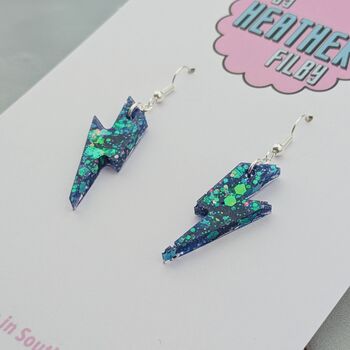 Small Purple Glitter Lightning Earrings – Bold Handmade Sparkle, 4 of 4