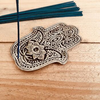 Silver Hamsa Hand Metal Incense Stick And Cone Holder, 4 of 6