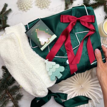 Luxury Christmas Pyjama Gift Set For Her – Festive Green Satin Pjs, Candle, Socks And Hair Bow, 7 of 9