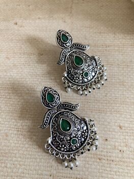 Emerald Green Stone Oxidised Indian Earrings, 3 of 6