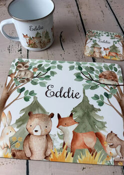 Kids Personalised Woodland Placemat, Coaster And Mug Dinner Set, 3 of 7