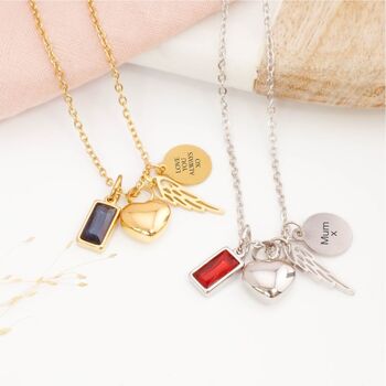 Personalised Angel Wing Heart Memorial Necklace With Birthstone, 5 of 8
