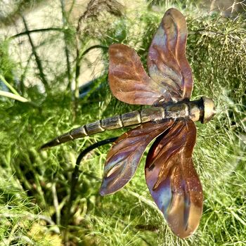 Copper Dragonfly Garden Stake – Outdoor Metal Sculpture – Copper And Brass Insect On Curved Pole, 5 of 7