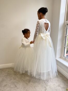 Long Sleeve Lace Flower Girl Dress – Heart Back Tulle Dress For Communion And Christening, 9 of 12