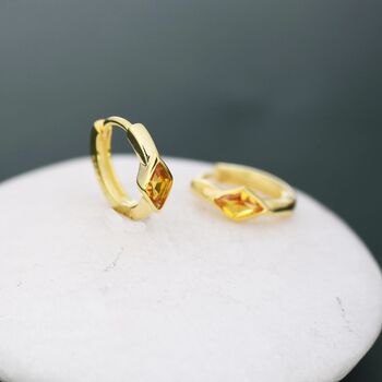 Tiny Rhombus Citrine Yellow Cz Huggie Hoop In Sterling Silver, 3 of 11