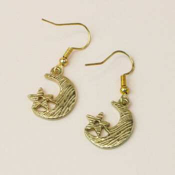 Gold And Blue Crescent Moon And Star Dangle Earrings, 4 of 4