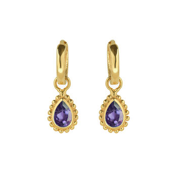 February Birthstone Amethyst Gold Plated Huggie Hoop Earrings, 2 of 11