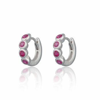 Bezel Huggie Hoop Earrings With Ruby Pink Stones, 3 of 5