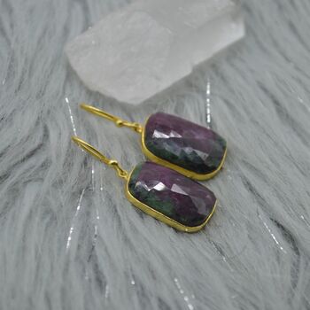 Ruby Zoisite Earrings: Gold Plated Silver, Anyolite, Teardrop Or Rectangular Dangle Drop, 4 of 12