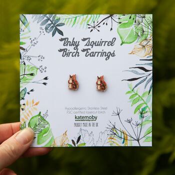 Inky Squirrel Tiny Stud Birch Earrings, 6 of 8