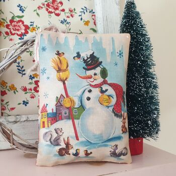Vintage Christmas Snowman Illustration Fabric Pillow, 6 of 6
