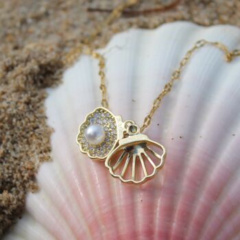 Summer Golden Seashell Pendant With Captured Pearl Necklace, 5 of 6