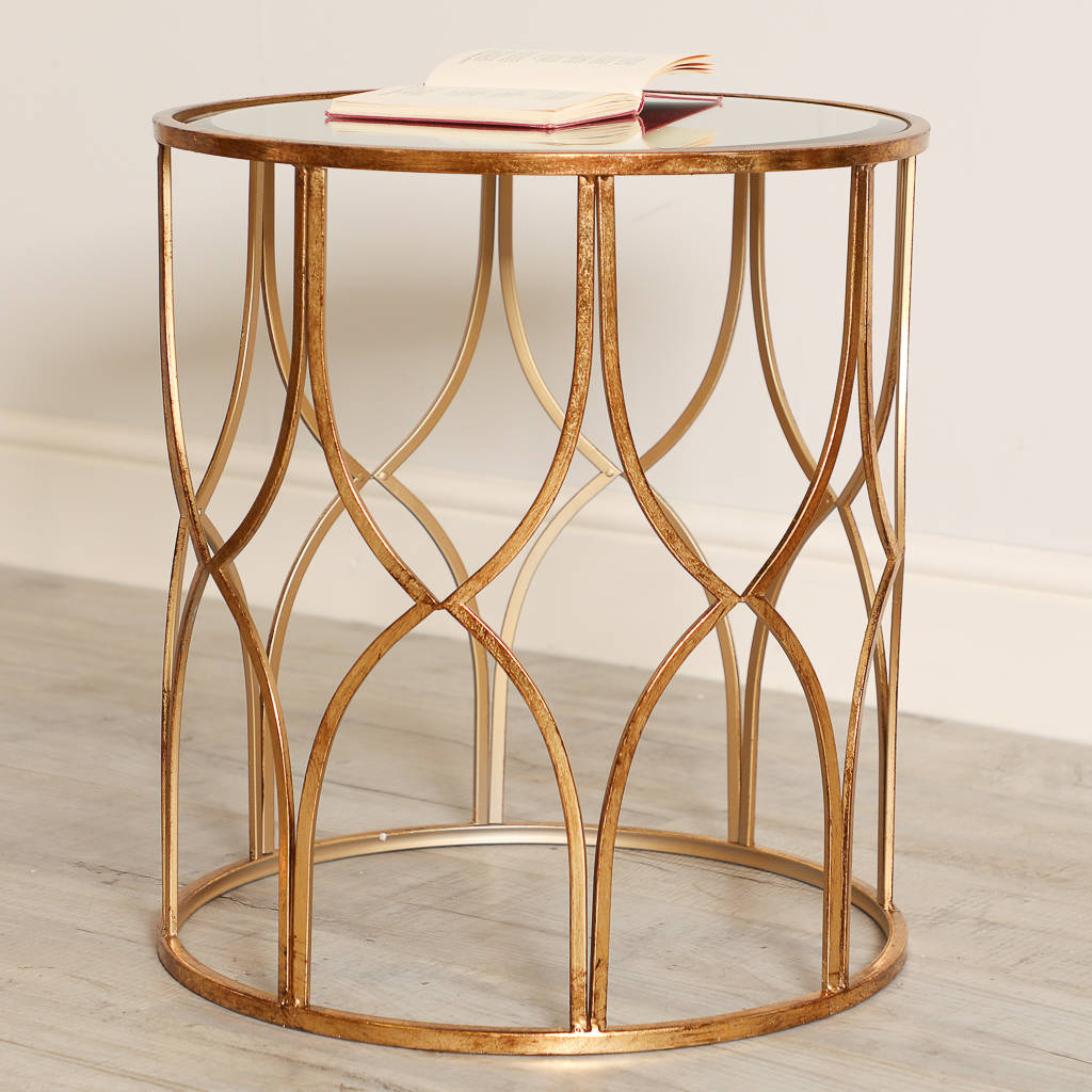set of two gold lattice mirrored side tables by dibor