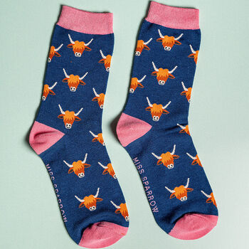 Highland Cow Navy Bamboo Socks, 2 of 8