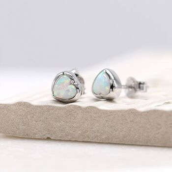 Sterling Silver White Opal Heart Stud Earrings, 4 of 10
