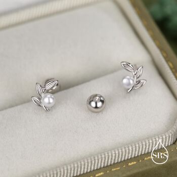 Sterling Silver Pearl Leaf Screw Back Earrings With Ball Backs, 4 of 11