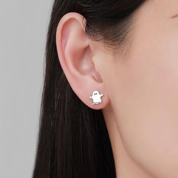 Sterling Silver Mismatched Carved Pumpkin And Ghost Stud Earrings, 7 of 12
