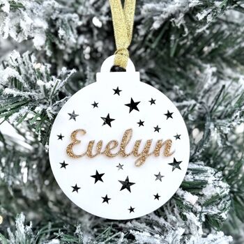 Christmas Tree Bauble With Stars And Name, Gold Or Silver, 2 of 7
