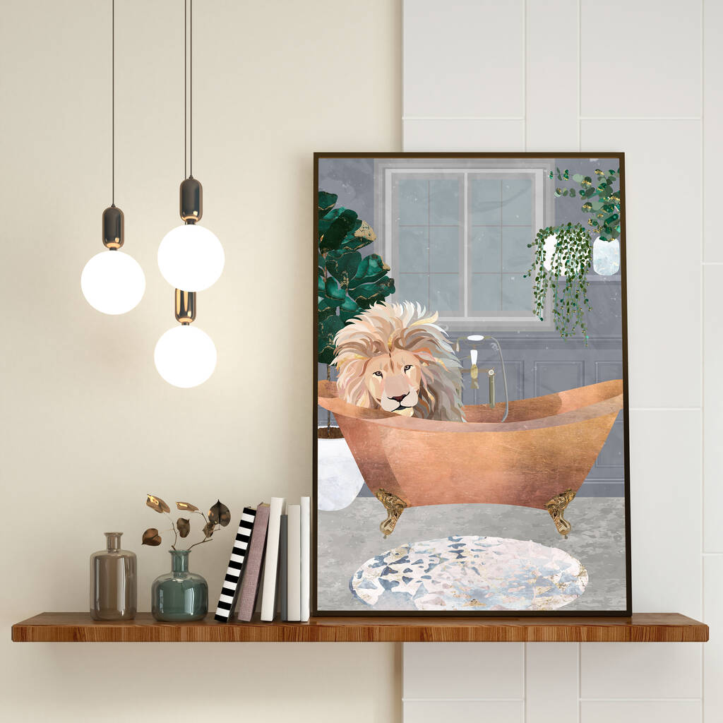 Lion In Copper Bath With House Plants Wall Art Print, 1 of 4