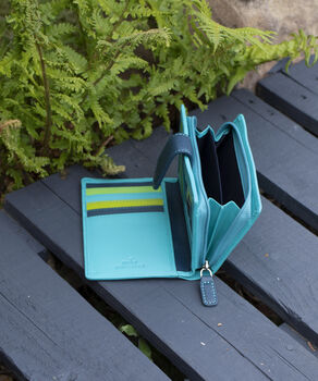 Turquoise Multi Colour Leather Purse Wallet Rfid, 7 of 10