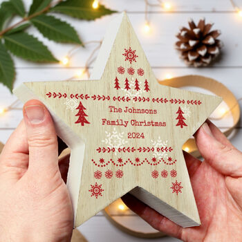 Personalised Christmas Fair Isle Wooden Star Ornament, 4 of 5