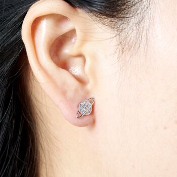 Saturn Silver Stud Earrings With Cz Stones, 2 of 7