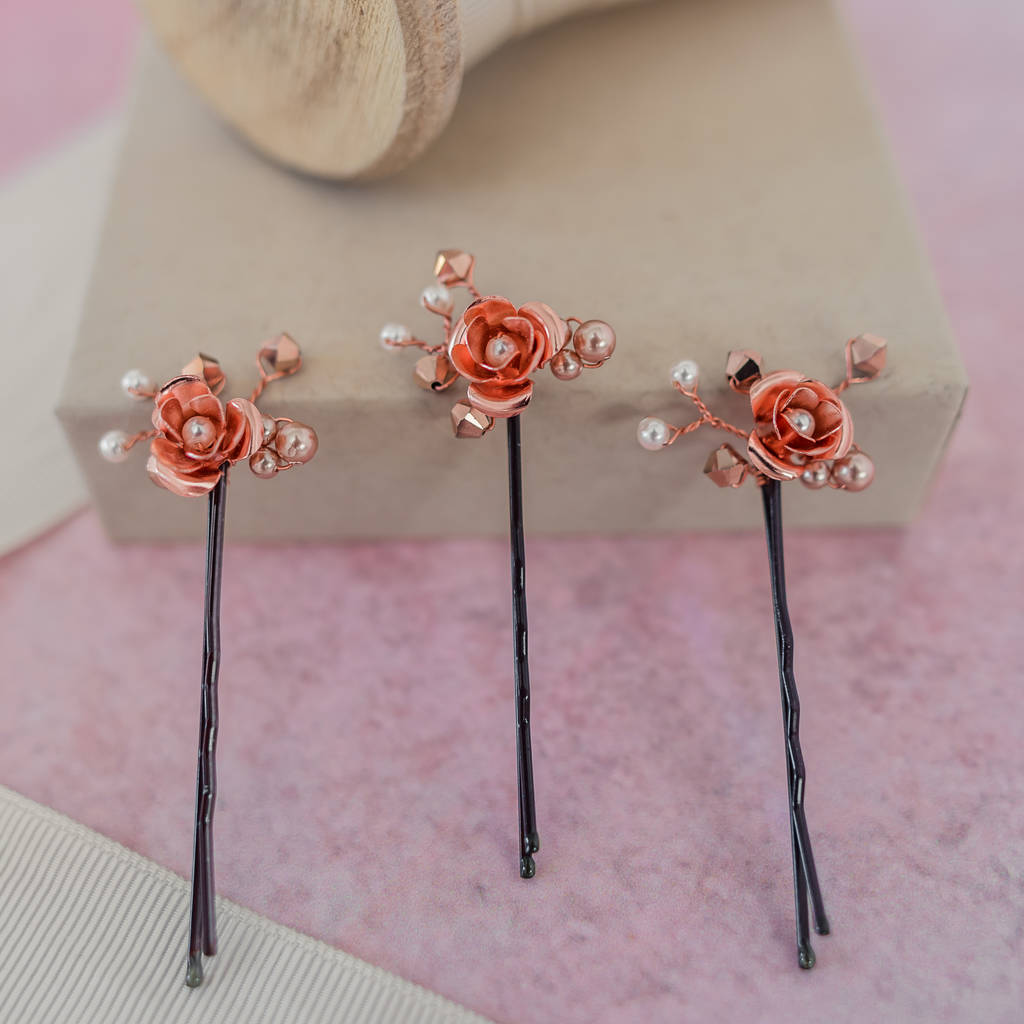 Set Of Three Rose Gold Flower Hair Pins By Melissa Designs