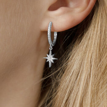 Silver Colour Moon And Star Crystal Drop Hoop Earrings, 2 of 3