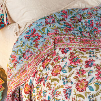 Handmade Vintage Rose Block Print Bedspread Double/King, 4 of 10