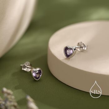 Tiny Amethyst Purple Cz Heart Stud Earrings, 3 of 12