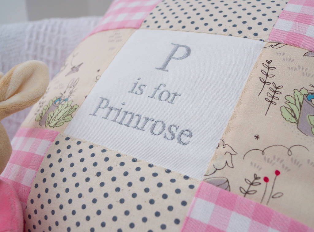 peter rabbit© alphabet cushion gingham by tuppenny house designs