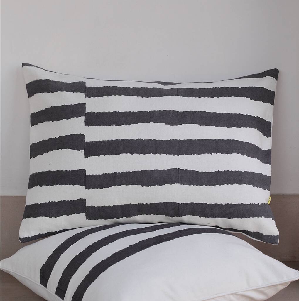 Wiggly Stripe Block Printed Smokey Grey Cushion Cover, 1 of 2
