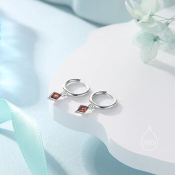 Very Tiny Rhombus Garnet Red Cz Huggie Hoop In Sterling Silver, 2 of 12