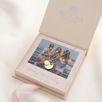 Personalised Esme Birthday Disc And Birthstone Name Necklace Photo Gift Set, 4 of 12