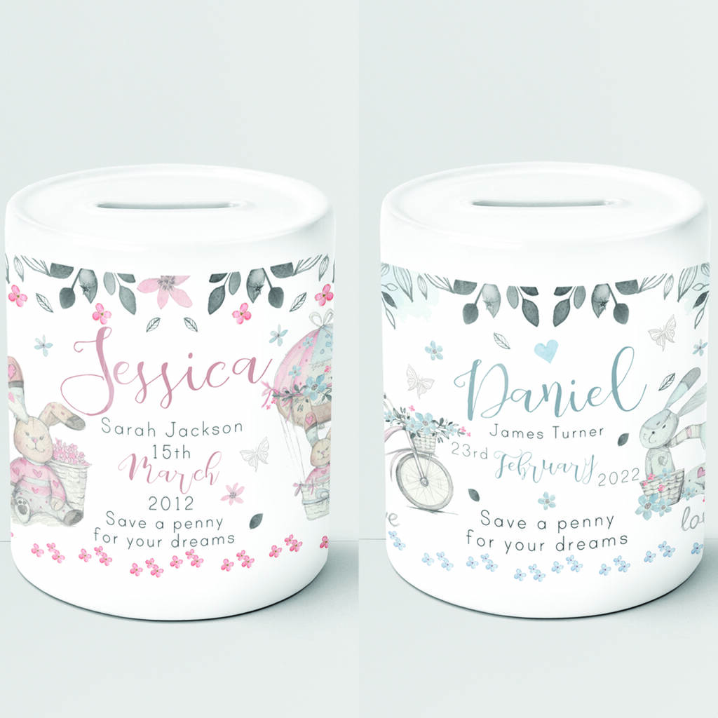 Personalised Floral Rabbits Ceramic Money Box, 1 of 10