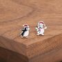 Mismatched Penguin And Snowman With Christmas Hat Stud Earrings In Sterling Silver, thumbnail 6 of 12