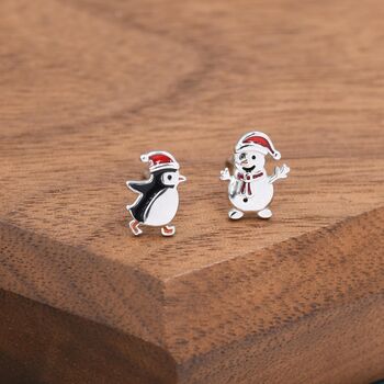 Mismatched Penguin And Snowman With Christmas Hat Stud Earrings In Sterling Silver, 6 of 12