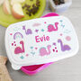Personalised Dinosaurs Pink Lunch Box Gift, thumbnail 1 of 3