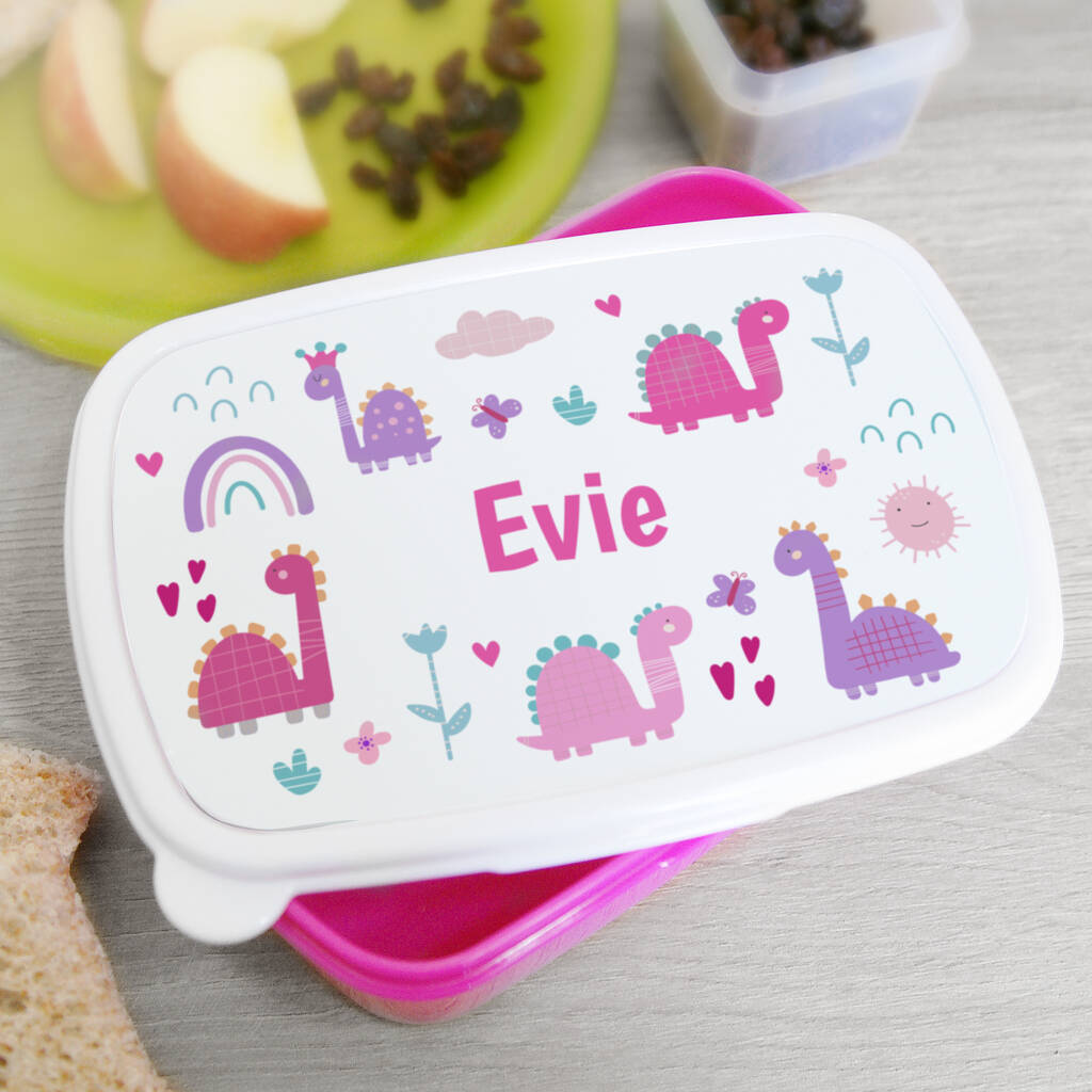 Personalised Dinosaurs Pink Lunch Box Gift By Bella Personalised Gifts