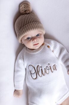 White Personalised Embroidered New Baby Name Long Sleeve Knitted Romper, 4 of 12