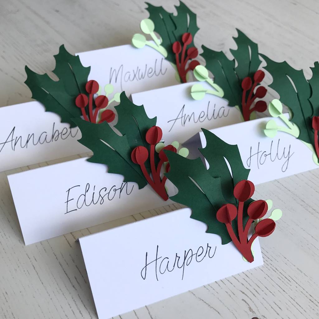 set of six handmade holly name place cardslove those