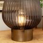 Elegant Battery Powered Ridged Blue Glass Table Lamp With Brass Base, thumbnail 3 of 4